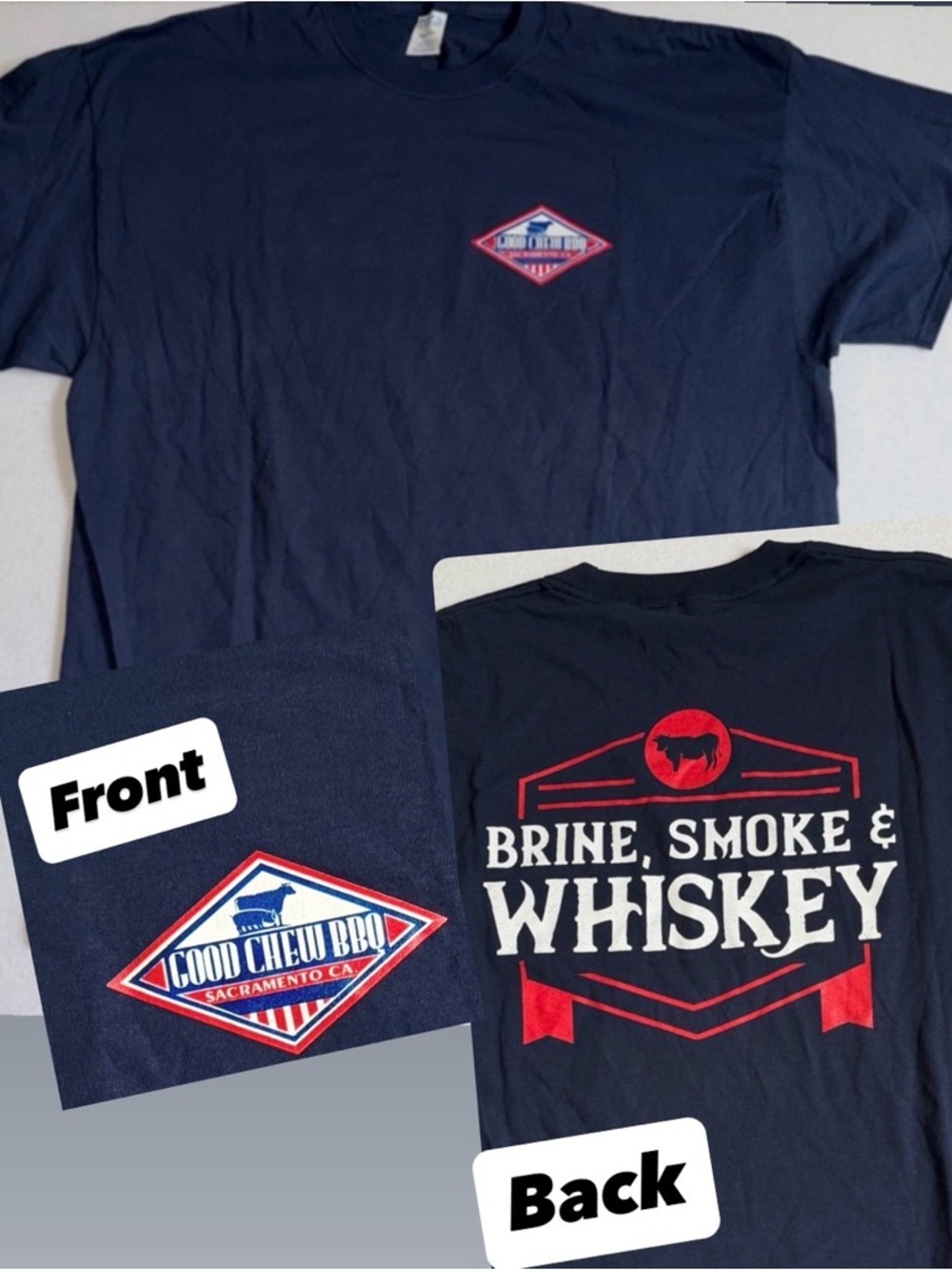NWOT Sacramento BBQ Brine, Smoke & Whiskey Classic Navy Short-Sleeve Logo Tee